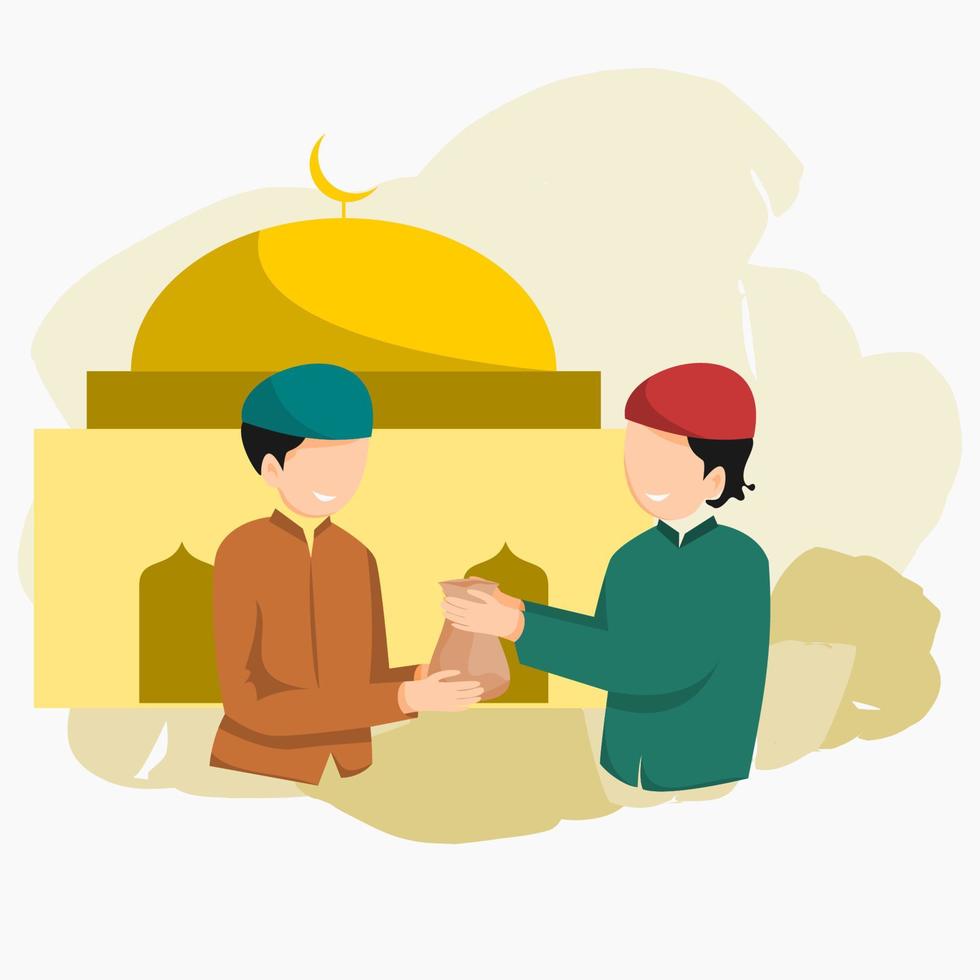 redigerbar muslim man ger gåva under ramadan ögonblick vektor illustration med moské på bakgrund för islamic helig ögonblick design begrepp