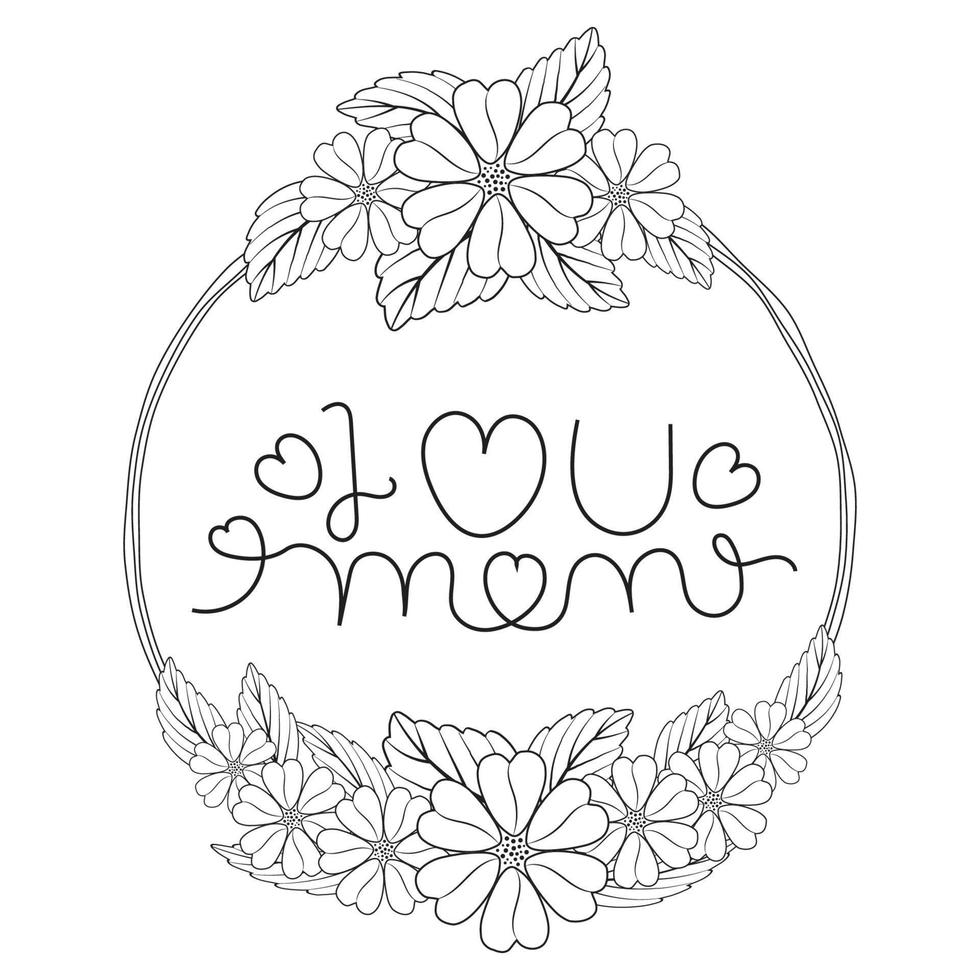 Hand gezeichnet Gekritzel Blume Strauß, mit ich Liebe Sie Mama, SMS Kranz Blume rahmen, süß Gekritzel Bürste runden Blumen- rahmen, Mutter Tag Geschenk, Gruß Karte Kasten, Design Elemente für, Poster, Banner, Vektor