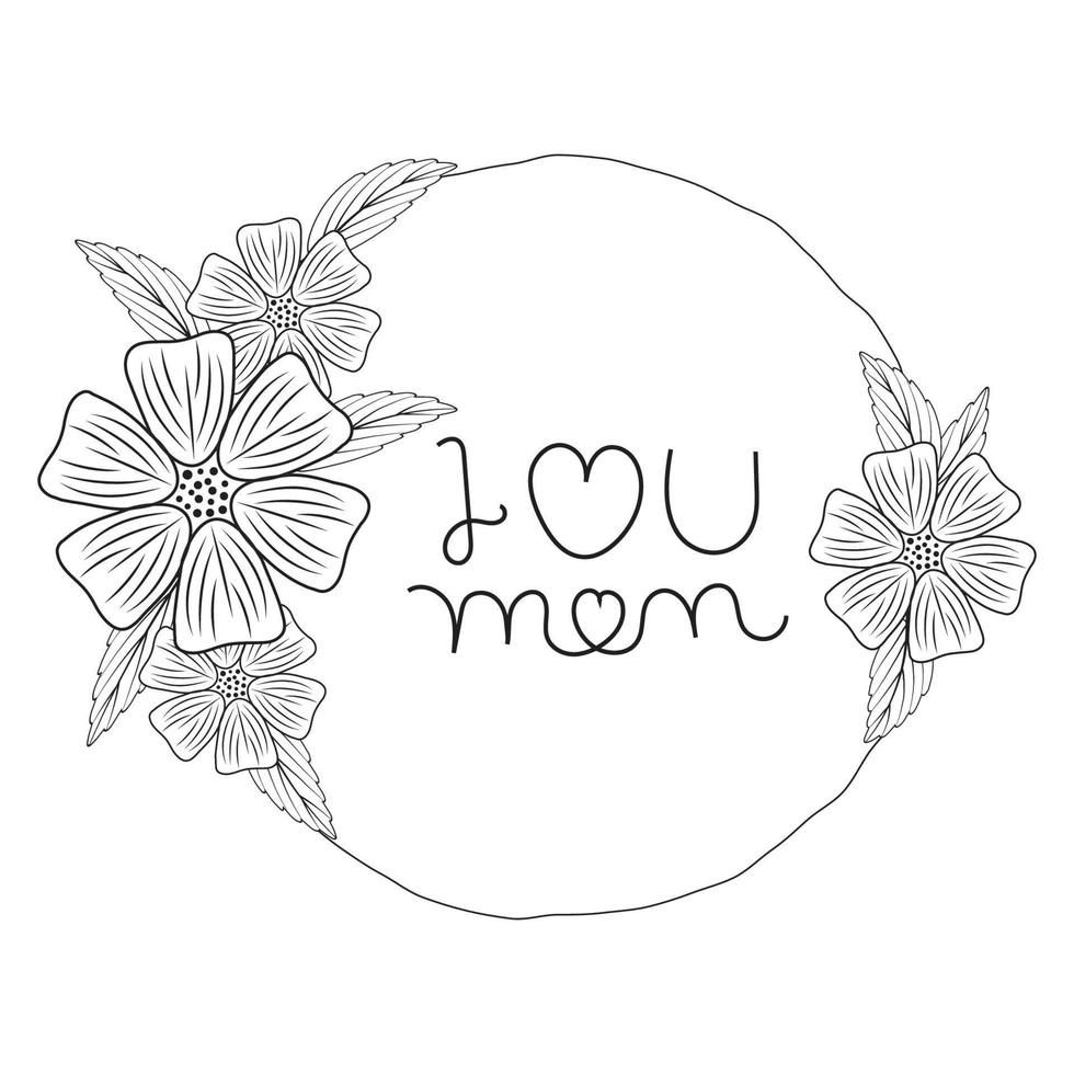 Hand gezeichnet Gekritzel Blume Strauß, mit ich Liebe Sie Mama, SMS Kranz Blume rahmen, süß Gekritzel Bürste runden Blumen- rahmen, Mutter Tag Geschenk, Gruß Karte Kasten, Design Elemente für, Poster, Banner, Vektor