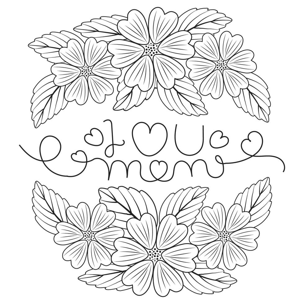 Hand gezeichnet Gekritzel Blume Strauß, mit ich Liebe Sie Mama, SMS Kranz Blume rahmen, süß Gekritzel Bürste runden Blumen- rahmen, Mutter Tag Geschenk, Gruß Karte Kasten, Design Elemente für, Poster, Banner, Vektor