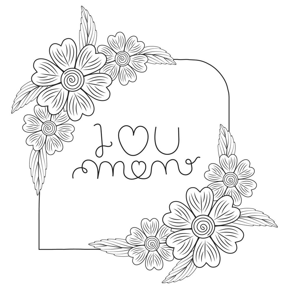 Hand gezeichnet Gekritzel Blume Strauß, mit ich Liebe Sie Mama, SMS Kranz Blume rahmen, süß Gekritzel Bürste runden Blumen- rahmen, Mutter Tag Geschenk, Gruß Karte Kasten, Design Elemente für, Poster, Banner, Vektor