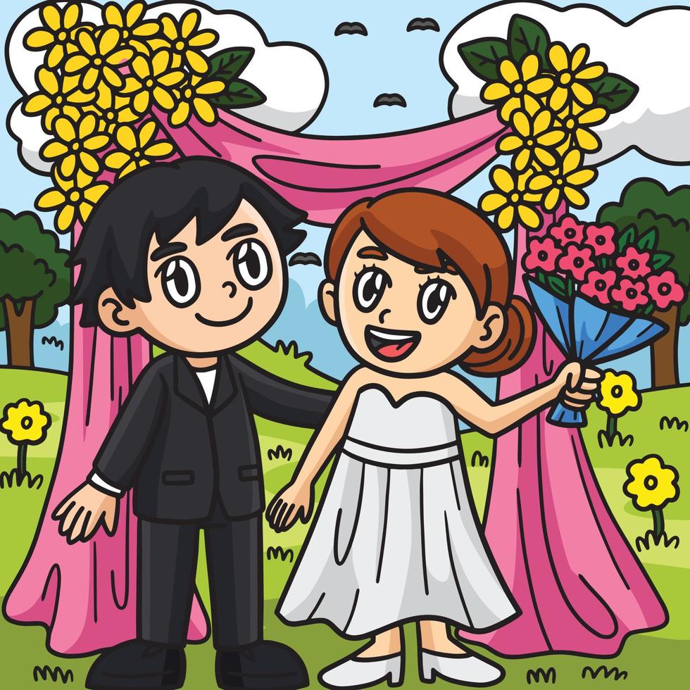 Hochzeit Bräutigam und Braut farbig Karikatur vektor