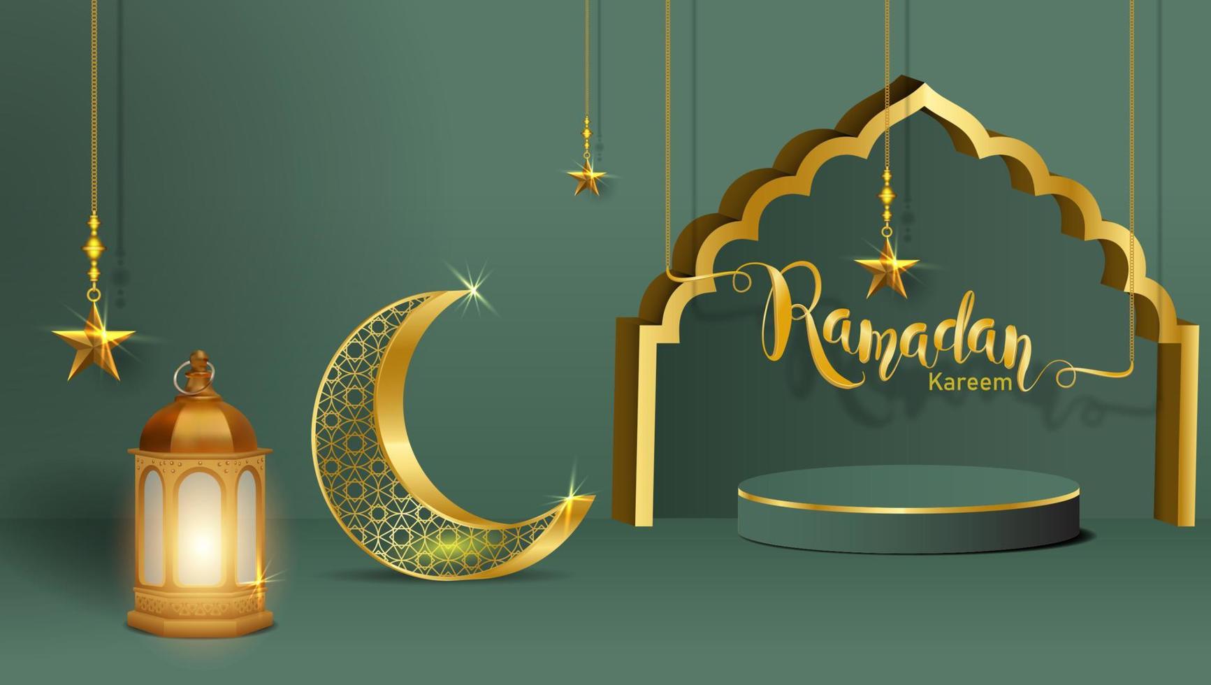 3d modern islamisch Urlaub Banner. Anzeige Podium mit Ramadan Laterne, Metall Mond und Moschee Portal vektor