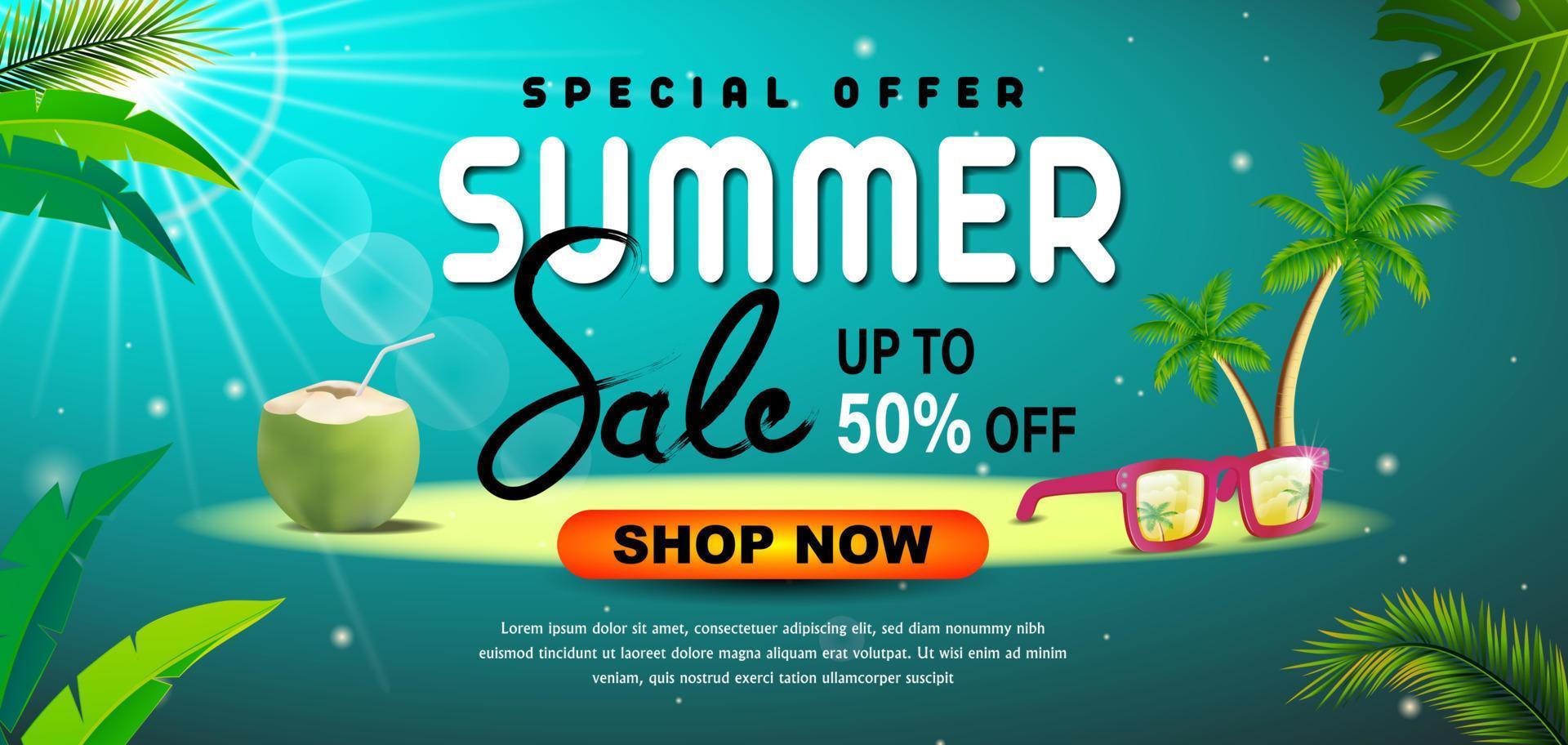 Sommer- Verkauf und Blätter mit Sonnenbrille vektor