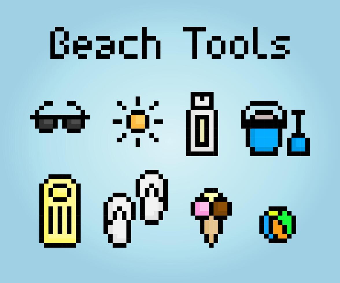 pixel 8 bit Utrustning till de strand. spel tillgång ikoner i vektor illustrationer.