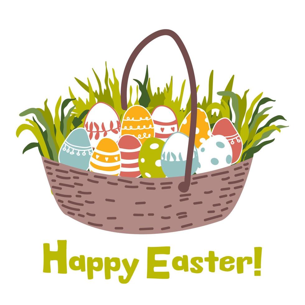 Lycklig påsk. korg full av påsk ägg och grön gräs. vektor illustration. hälsning kort