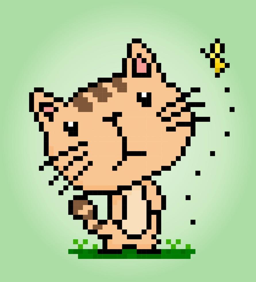 Pixel 8 bisschen Katze sah ein Schmetterling. Tiere zum Spiel Vermögenswerte im Vektor Illustrationen.