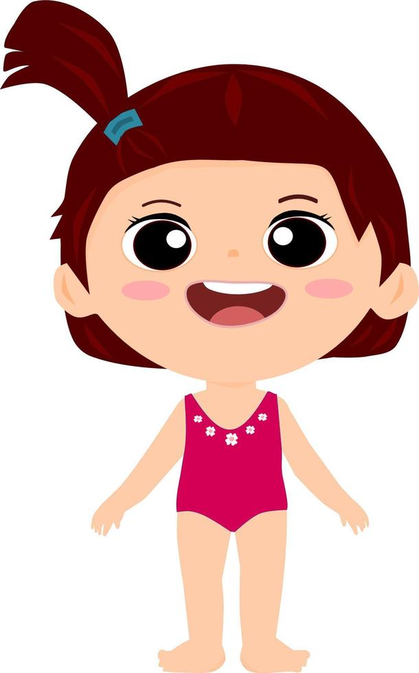 söt liten unge flicka ha på sig rosa blommor mönster simning kostym. skratt leende ansikte unge. vektor illustration.