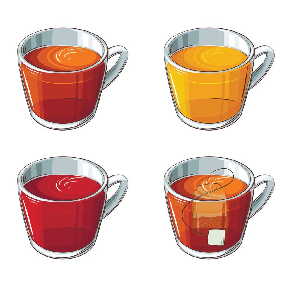 te samling, glas kopp av te, svart röd grön te vektor