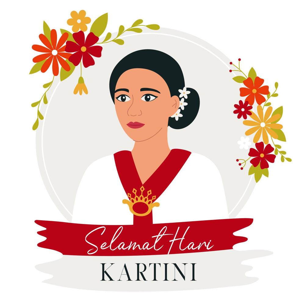 Selamat Hari Kartini meint glücklich Kartini Tag. Kartini ist indonesisch weiblich Held. asiatisch Frau umgeben mit Blumen. eben Vektor Illustration