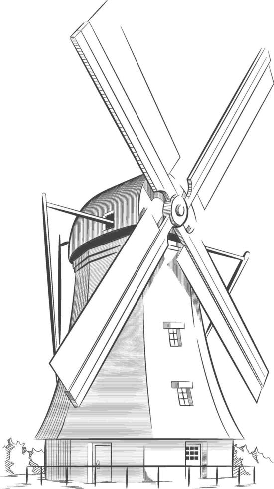 Skizze Doodle niederländische Windmühle Wahrzeichen Holland Ziel Umriss vektor