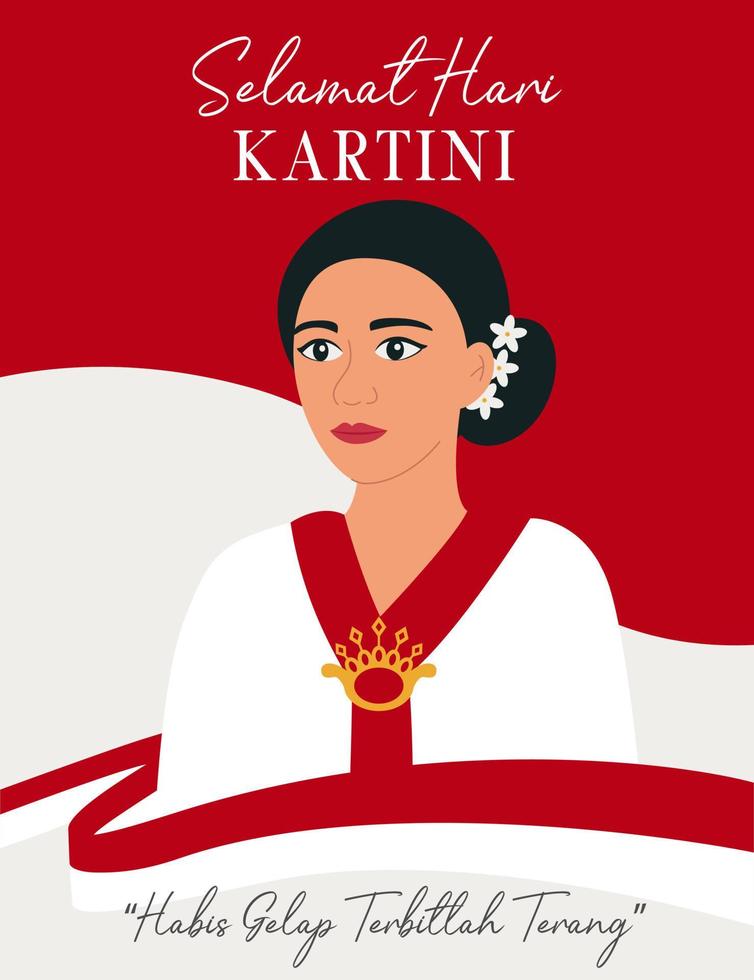 Selamat Hari Kartini. Übersetzung glücklich Kartini Tag. Kartini ist das Held von Frauen Bildung und Mensch richtig im Indonesien. Frau auf Hintergrund von indonesisch Flagge. eben Vektor Illustration.