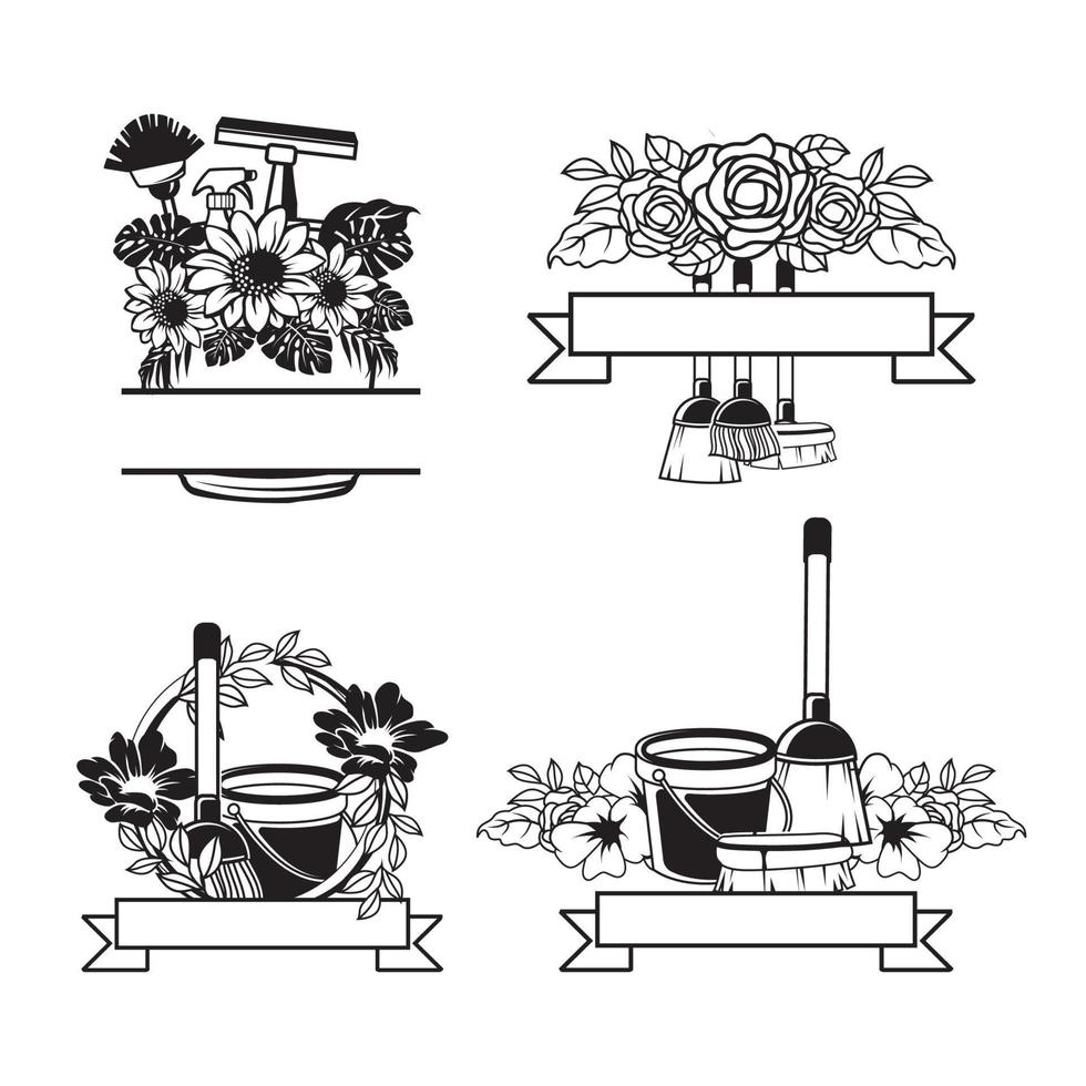 Blumen- Haus Reinigung Logo Design Vorlage. Reinigung Werkzeuge Logo mit Blumen. vektor