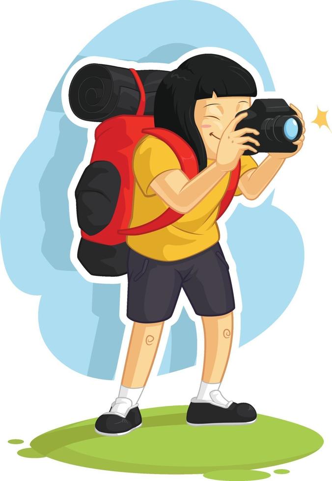 Backpacker Mädchen, das Kamera Foto Urlaub Cartoon Vektor Zeichnung nimmt