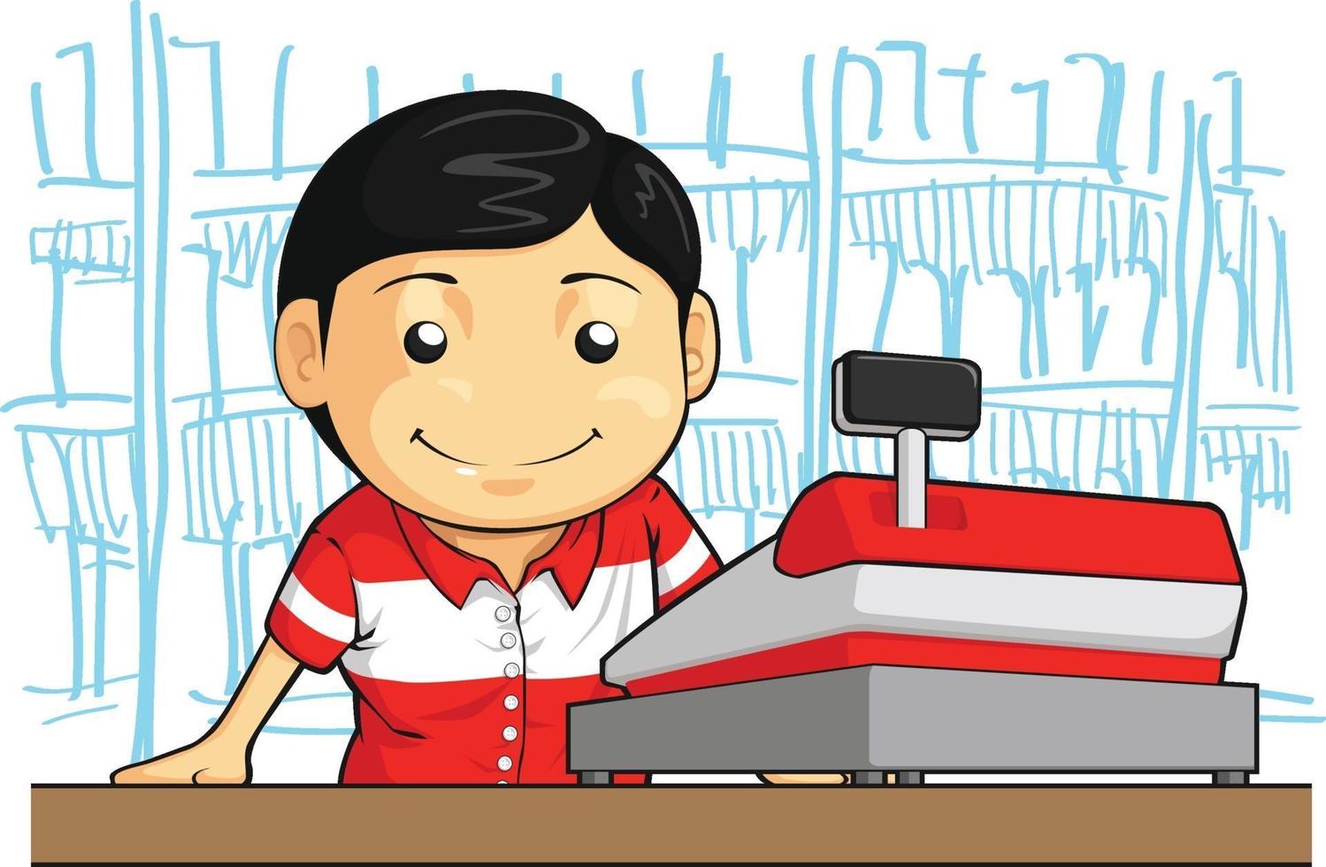 Kassierer Mitarbeiter Store Worker Clerk Cartoon Illustration Zeichnung vektor