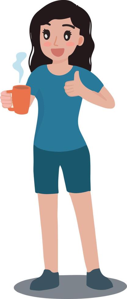 Porträt von Frau halten ein Tasse von heiß Tee oder heiß Kaffee mit Daumen oben Hand Geste Illustration vektor