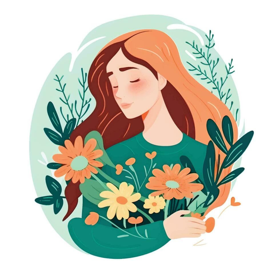 Symbol Illustration von Frau Umarmen Blumen im eben Karikatur Stil mit lange Haar. ein beschwingt und ausdrucksvoll Design vektor