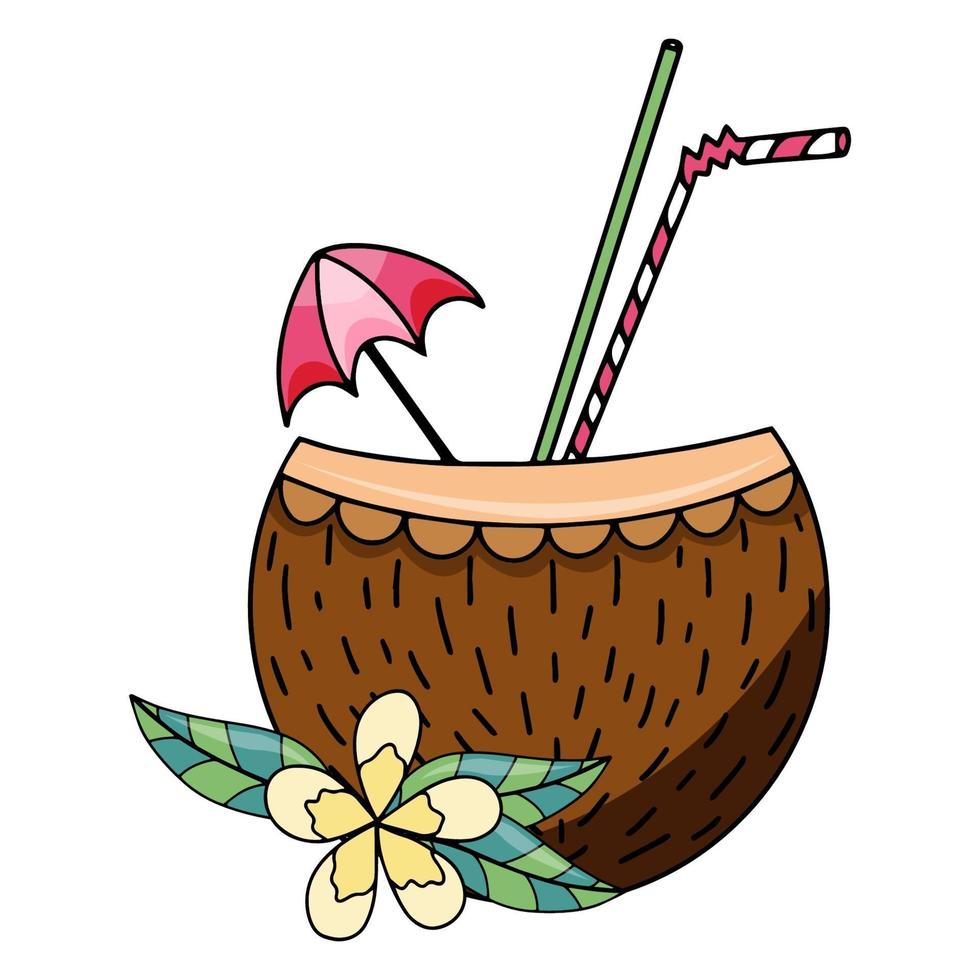 sommarsemester kokosnöt coctail smoothie handritad vektorillustration isolerad på vit bakgrund vektor