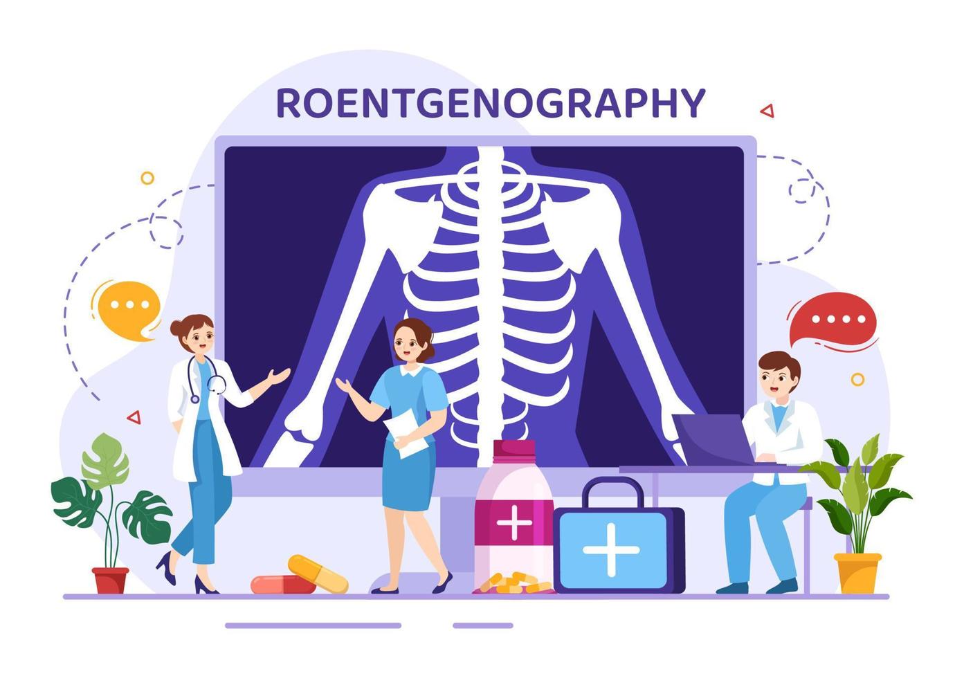 röntgenografi illustration med fluorografi kropp kolla upp procedur, röntgen läser in eller röntgen i hälsa vård platt tecknad serie hand dragen mallar vektor