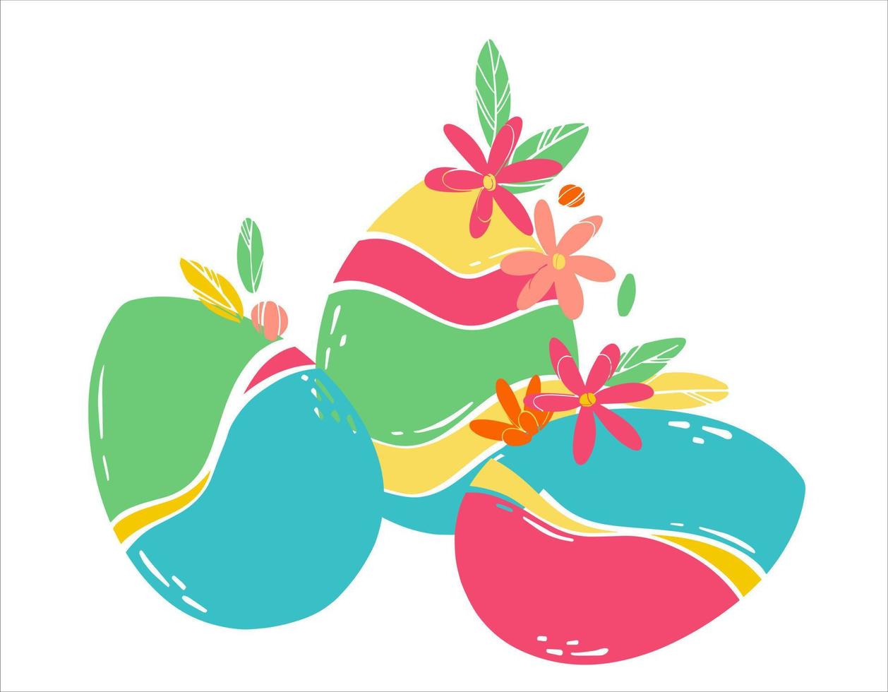 Frühling dekoriert Eier zum Ostern. hell farbig Eier mit Blumen und Blätter. eben Vektor Illustration zum Konzept Design. Gruß Karte Layout.
