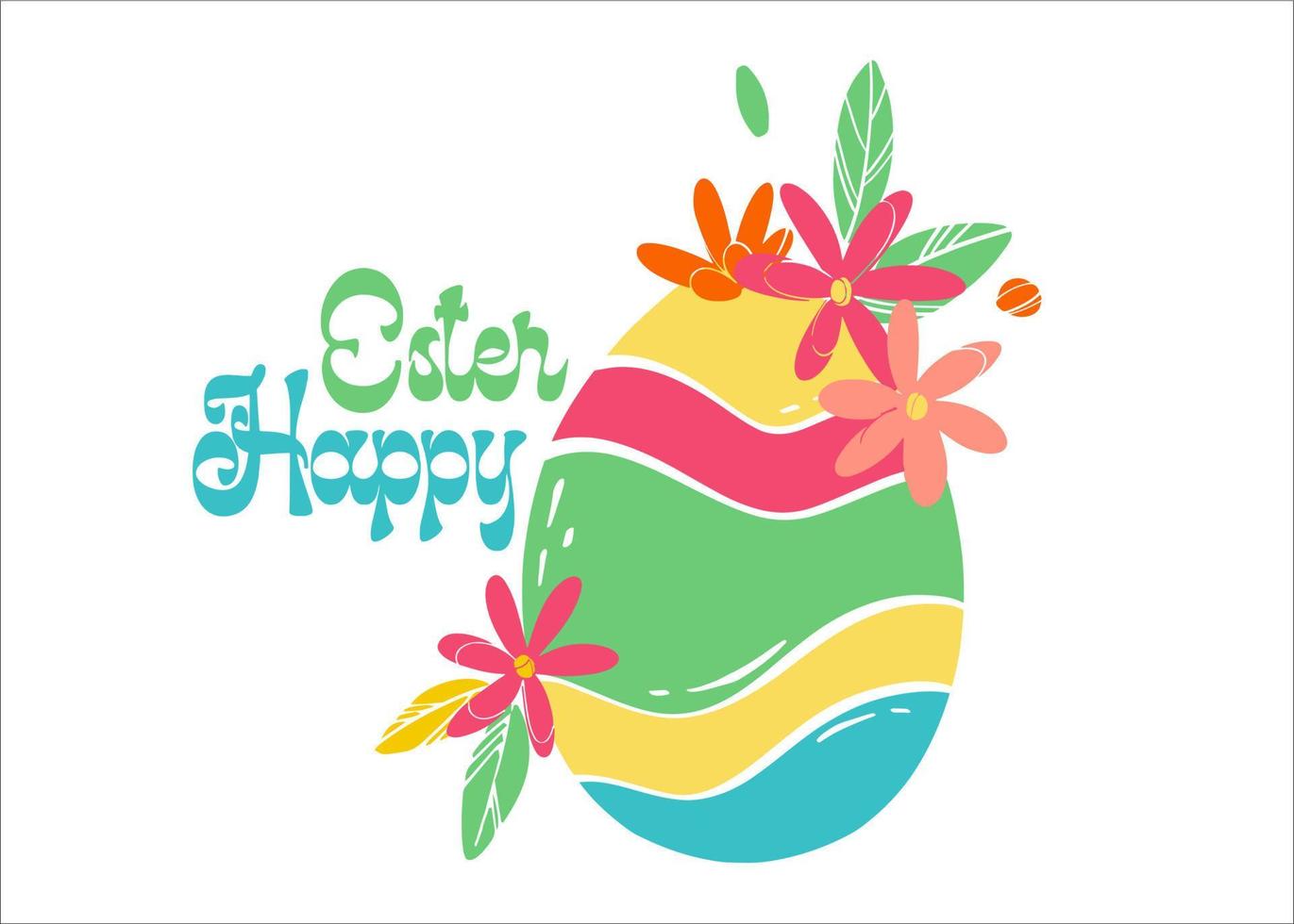 vår dekorerad ägg och inskrift Lycklig påsk. ljus färgad ägg med blommor och löv. platt vektor illustration för konceptuell design. hälsning kort layout.