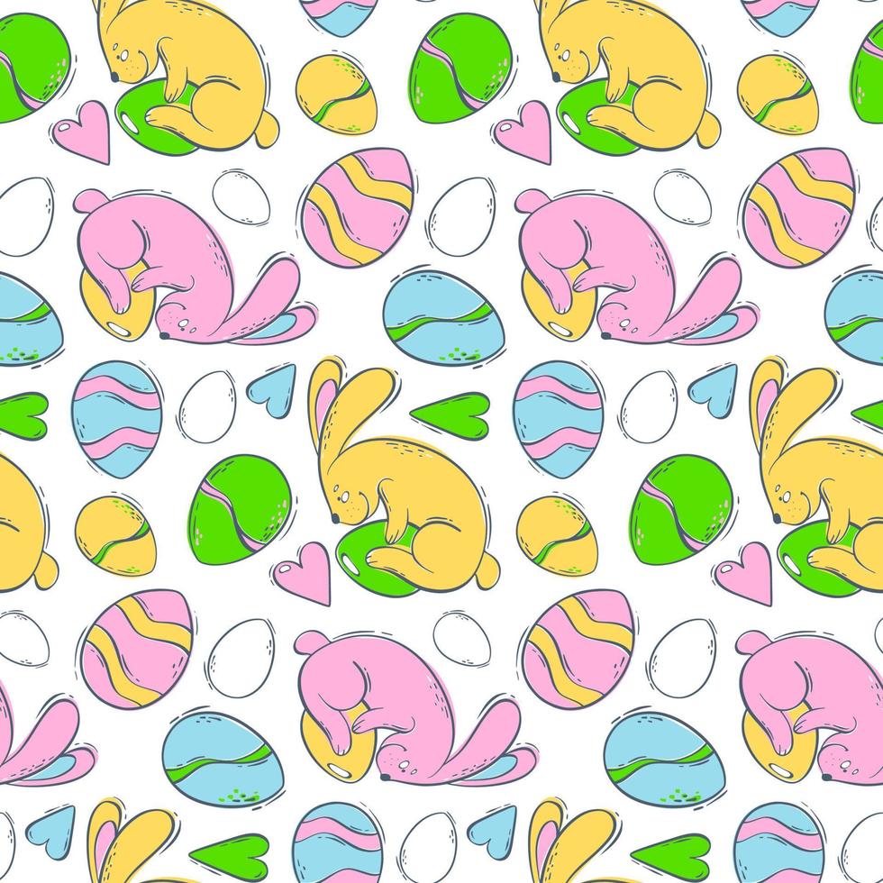 nahtlos Muster mit Ostern Hasen und farbig Eier. Frühling Urlaub mit ein Hase und ein dekoriert Ei. Vektor Illustration im eben Stil. Hintergrund zum Textilien und Verpackung Papier.