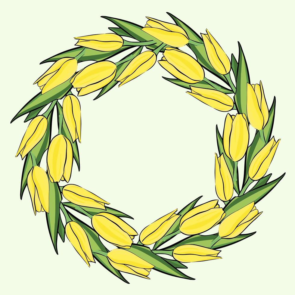 cirkulär ram med gula tulpaner. cirkel med ljusgula blommor. vektor. blommig ram, rund. vektor