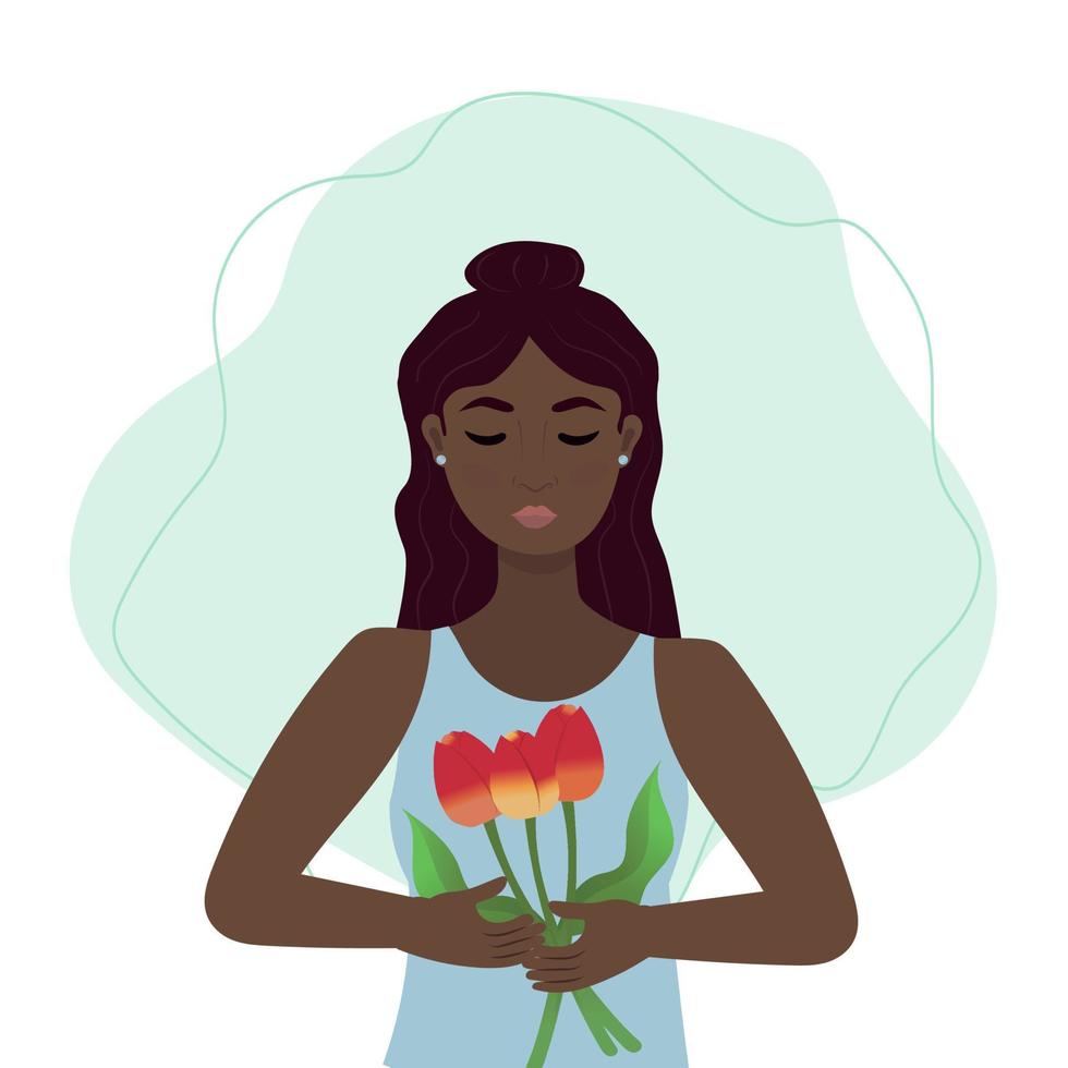 Frühling Konzept. Frau halten im Hände Tulpen. eben Karikatur Illustration von Frühling Kommen vektor