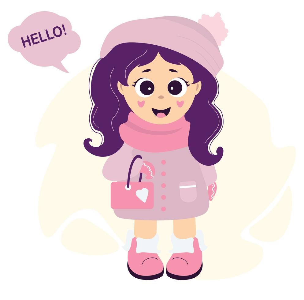 ein süßes, schönes Mädchen in Winterkleidung - eine Mütze, einen Schal, einen Mantel, einen Handschuh und Stiefel mit einer kleinen Handtasche vektor