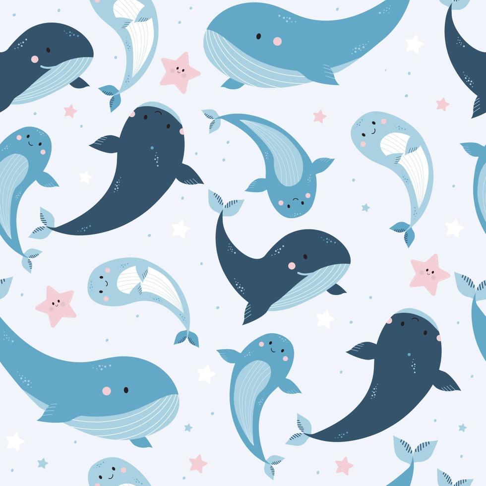 sömlösa mönster med havsdjur. söta blåhvalar, delfiner och sjöstjärnor på ljus bakgrund. vektor. för design, dekor, tryck, textilier, förpackningar och tapeter vektor