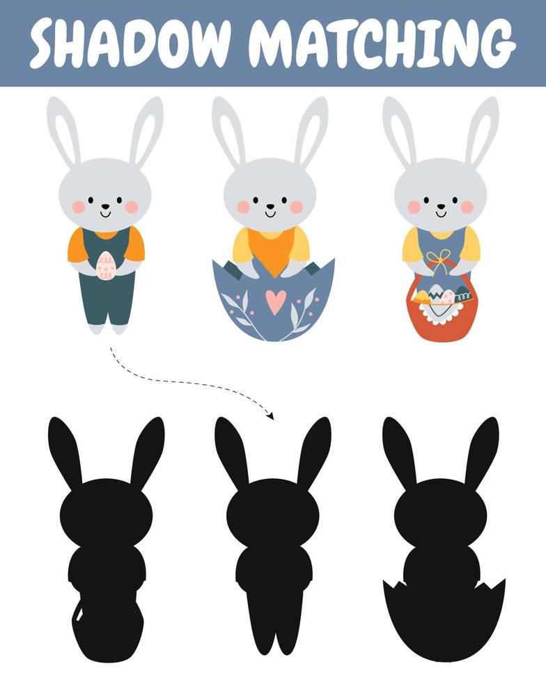 süß Hasen, Kaninchen Schatten passend Aktivität zum Kinder. glücklich Ostern. finden das richtig Silhouette druckbar Arbeitsblatt. Vektor kawaii Karikatur Illustration zum orthodox Ostern.