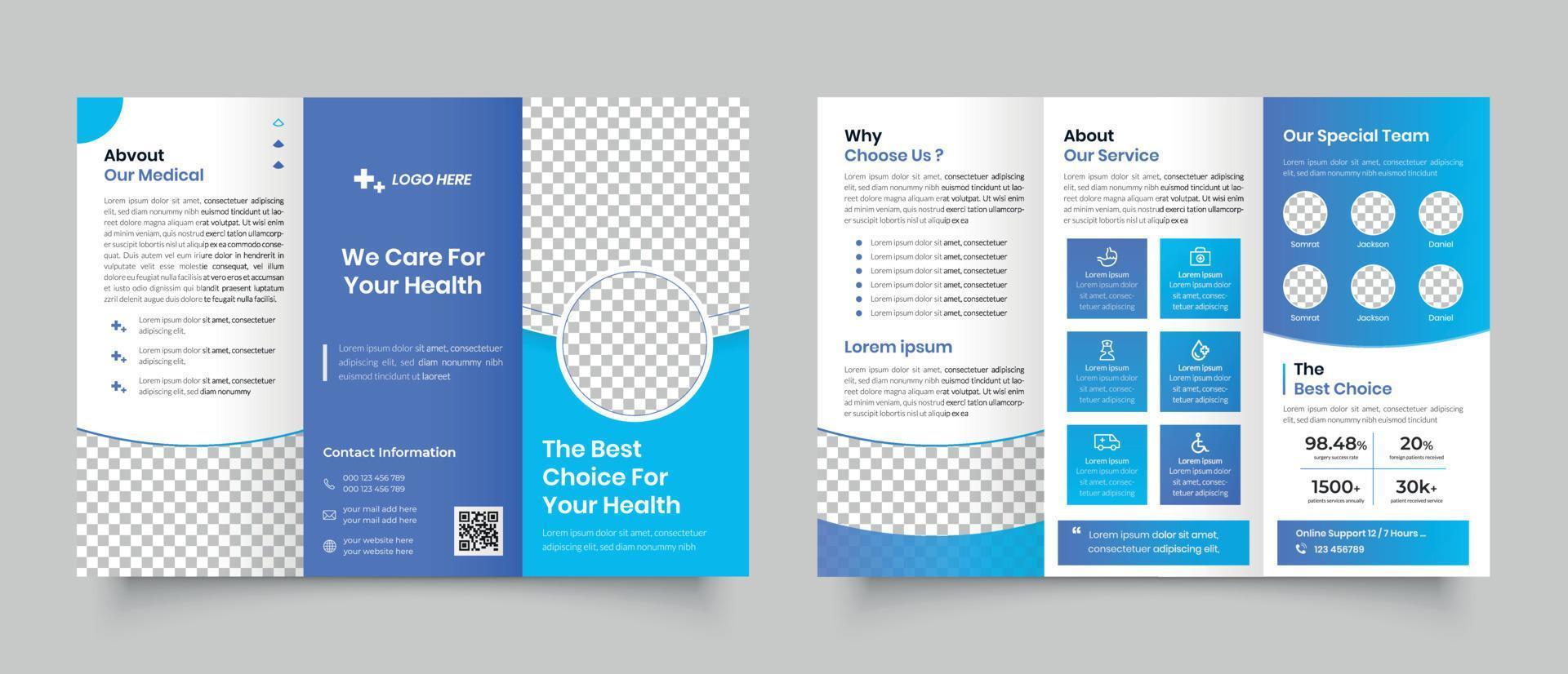medicinsk hälsa vård trifold broschyr mall, sjukhus företag affisch layout design. vektor