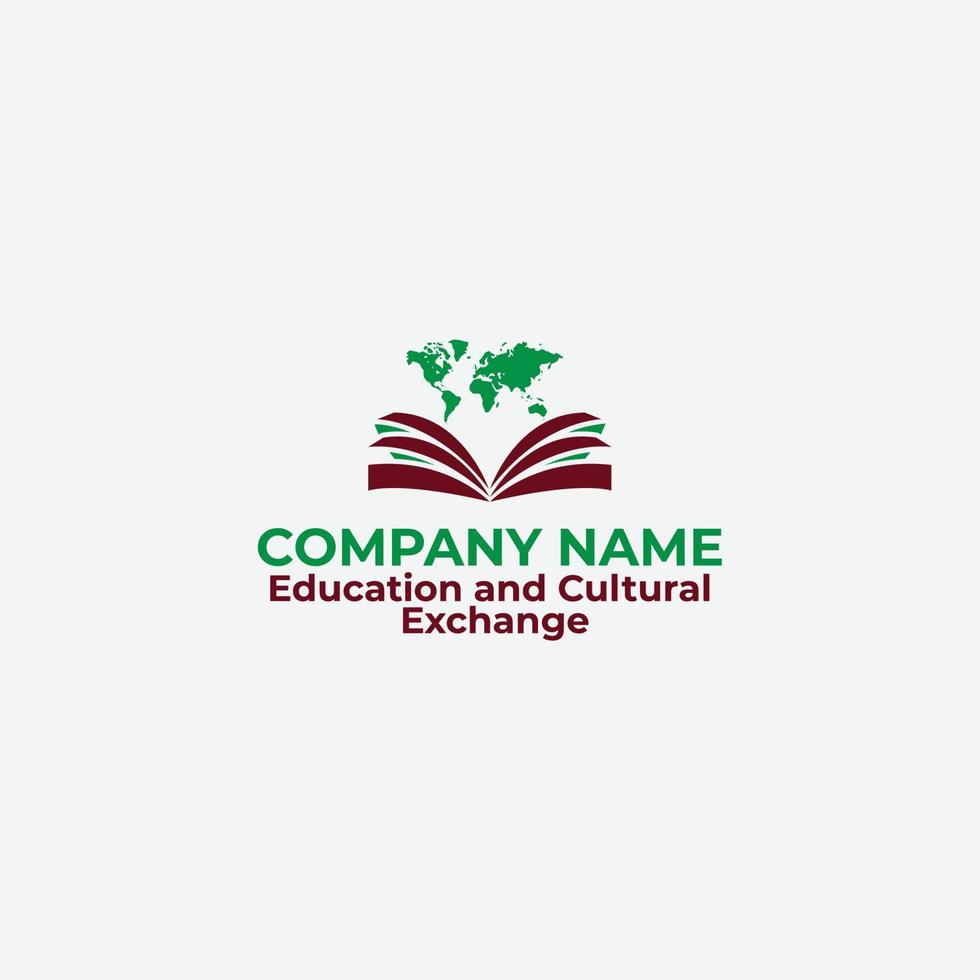 Bildung und kulturell Austausch Logo mit Buch und Welt Karte vektor