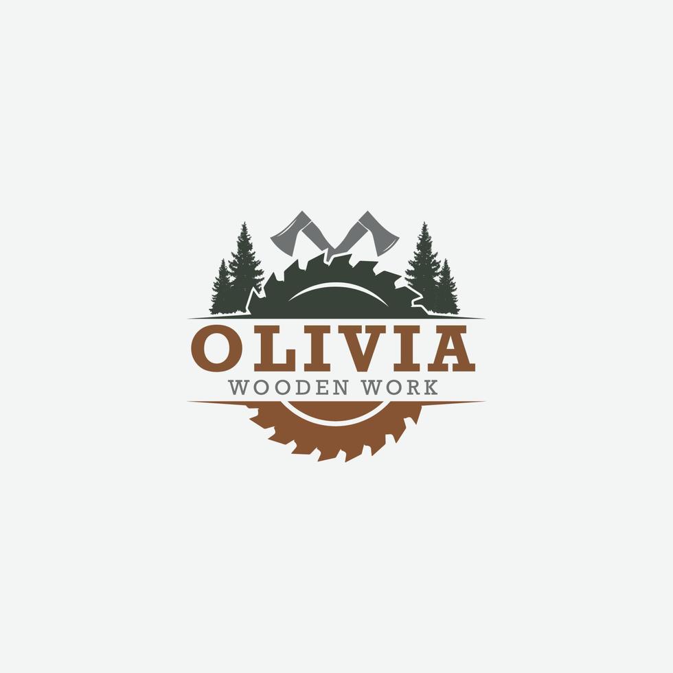 Olivia Holzarbeiten Logo mit Bäume Sägeblatt Axt und Text vektor