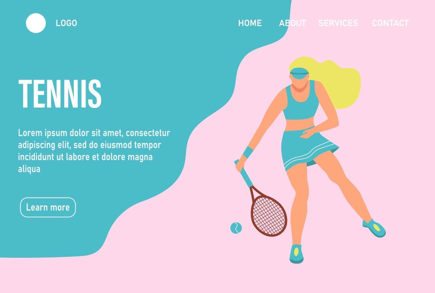 en ung kvinna som spelar tennis. webbplats hemsida målsida mall. en platt karaktär. vektor illustration.