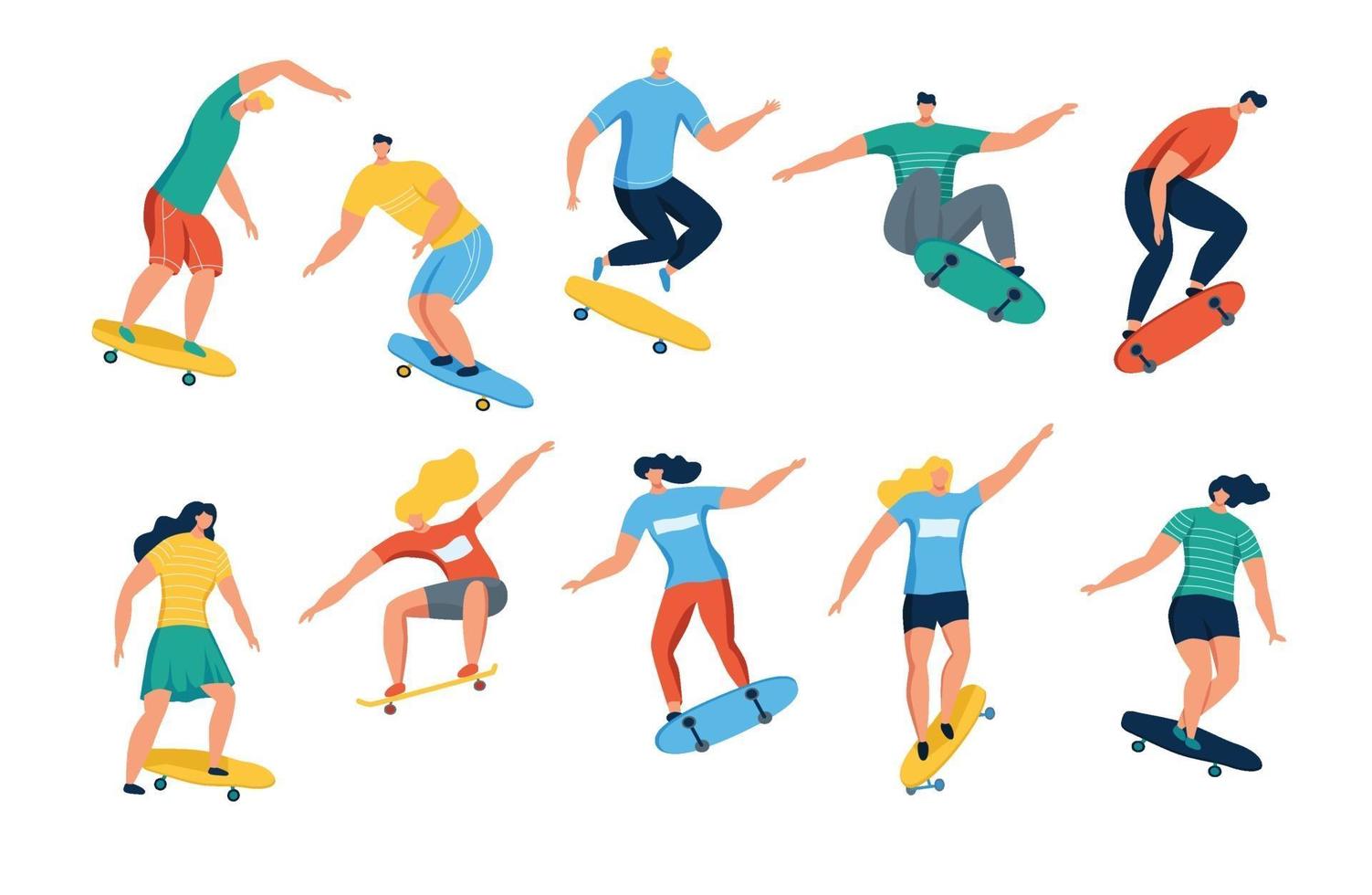 unga kvinnor och män skateboard. tonårsflickor och pojkar eller skateboardåkare som rider på skateboard. seriefigurer isolerad på vit bakgrund. platt vektorillustration. vektor