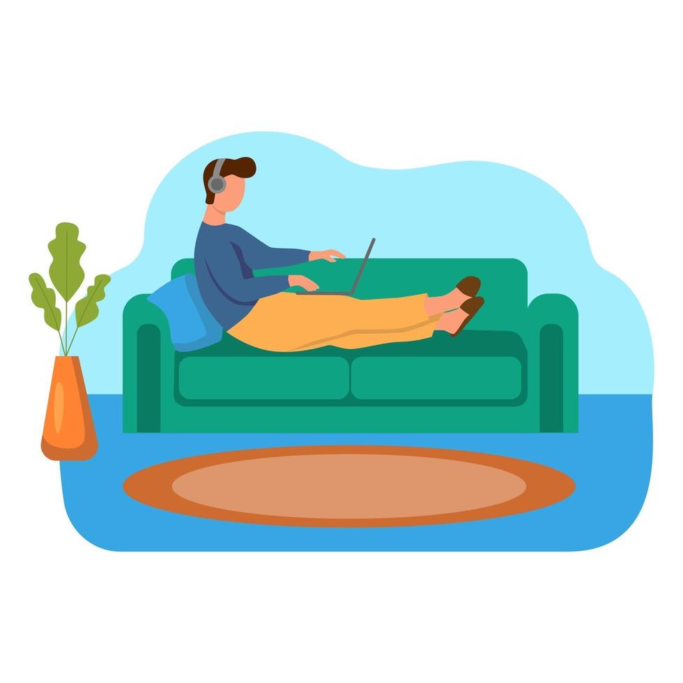 Ein junger Mann arbeitet an einem Laptop und sitzt auf dem Sofa. Konzept freiberuflich, Fernarbeit, Arbeit von zu Hause aus, Selbstisolation, Quarantäne, Unterhaltung. flache Karikaturvektorillustration. vektor