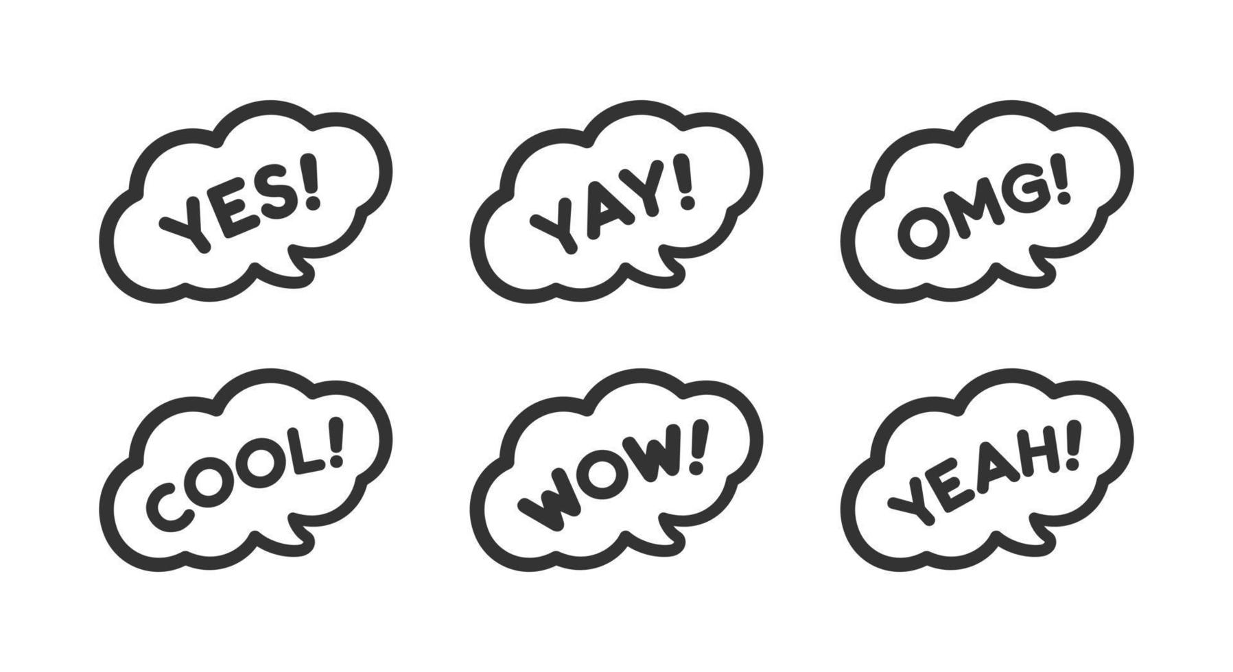 söt Tal bubbla med kort fraser ja, Jippie, Herregud, Häftigt, Wow, ja, uppkopplad meddelandehantering ikon uppsättning. enkel platt vektor illustration.
