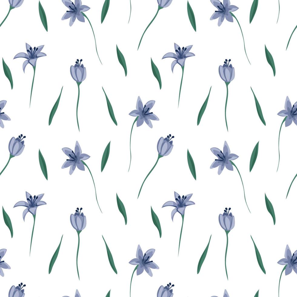 elegantes, sanftes, trendiges Muster in kleinen Blumen. Millefleurs. Freiheitsstil. Blumennahtlos auf blauem Hintergrund für Textilien, Herrenbekleidung, Baumwollgewebe, Abdeckungen, Tapeten, Druck, vektor