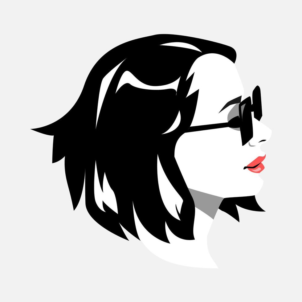svartvit porträtt av en skönhet ung kvinna. sida se. bär en solglasögon, kort hår. avatar för social media. färgad. för profil, mall, skriva ut, klistermärke, affisch, etc. platt vektor illustration.