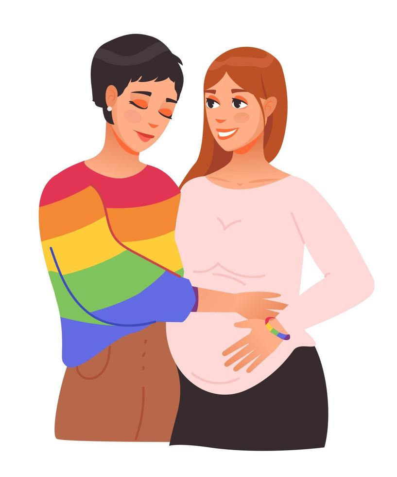 lgbt. ein Lesben Paar ist erwarten ein Baby. Lesben Paar vorbereiten zu werden Eltern. romantisch Sexual- Beziehungen zwischen Frauen. Lesben Liebhaber. Karikatur Vektor Illustration.