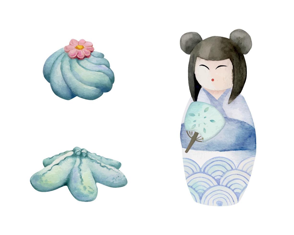 vattenfärg hand dragen traditionell japansk sötsaker. sommar wagashi med kokeshi docka. isolerat på vit bakgrund. design för inbjudningar, restaurang meny, hälsning kort, skriva ut, textil- vektor