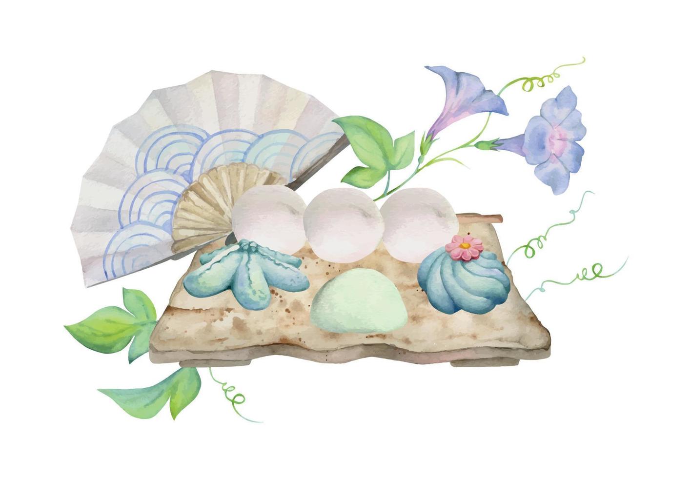 vattenfärg hand dragen traditionell japansk sötsaker. keramisk maträtt, sommar neri-kiri, mochi, objekt. isolerat på vit bakgrund. design för inbjudningar, restaurang meny, hälsning kort, skriva ut, textil- vektor