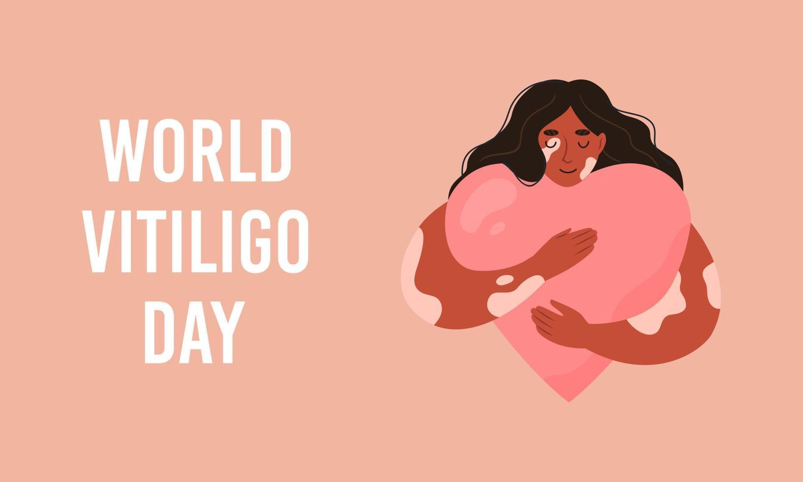 värld vitiligo dag baner. kvinna med vitiligo omfamnar en hjärta med kärlek. begrepp till Stöd människor levande med vitiligo. vektor platt illustration.