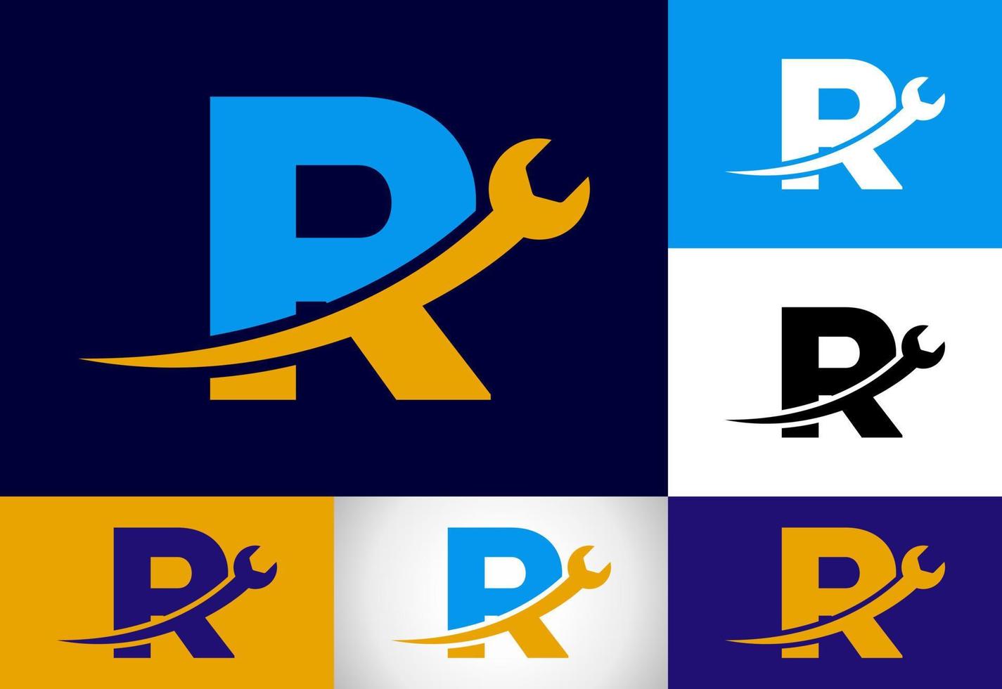 grafisk alfabet r med rycka. logotyp för mekanisk, teknologi, reparera service , bil- företag vektor