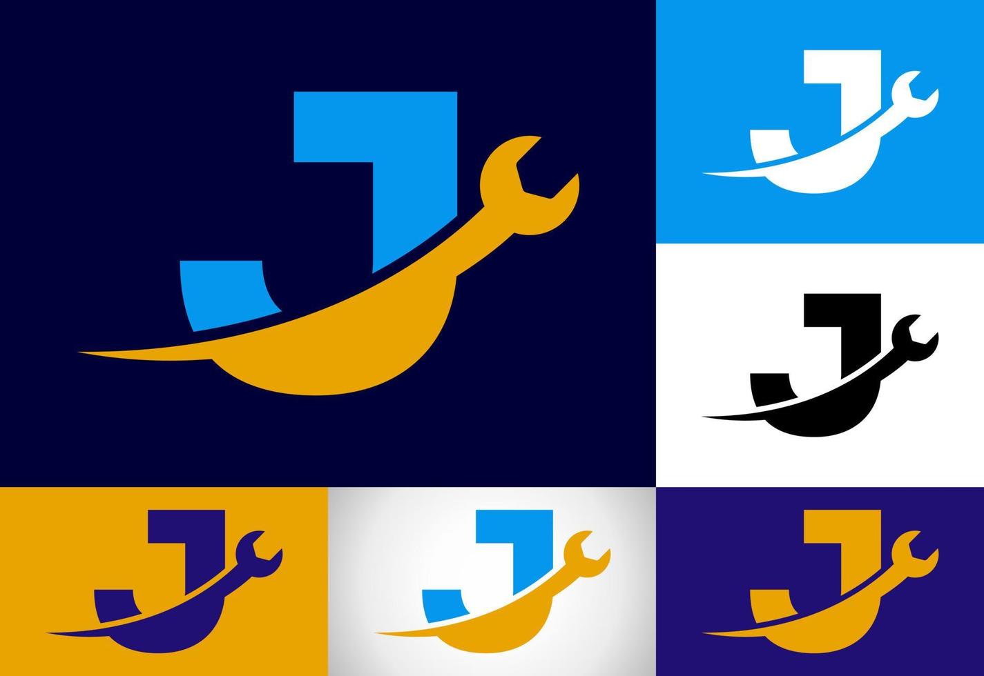 grafisk alfabet j med rycka. logotyp för mekanisk, teknologi, reparera service , bil- företag vektor