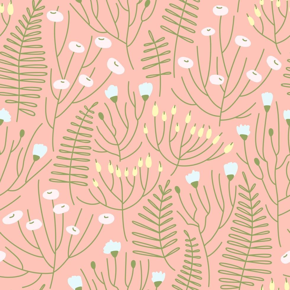nahtloses Muster der Frühlingsblumenwiese auf einem rosa Hintergrund vektor