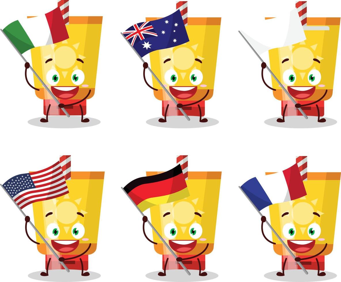 Sol blockera tecknad serie karaktär föra de flaggor av olika länder vektor