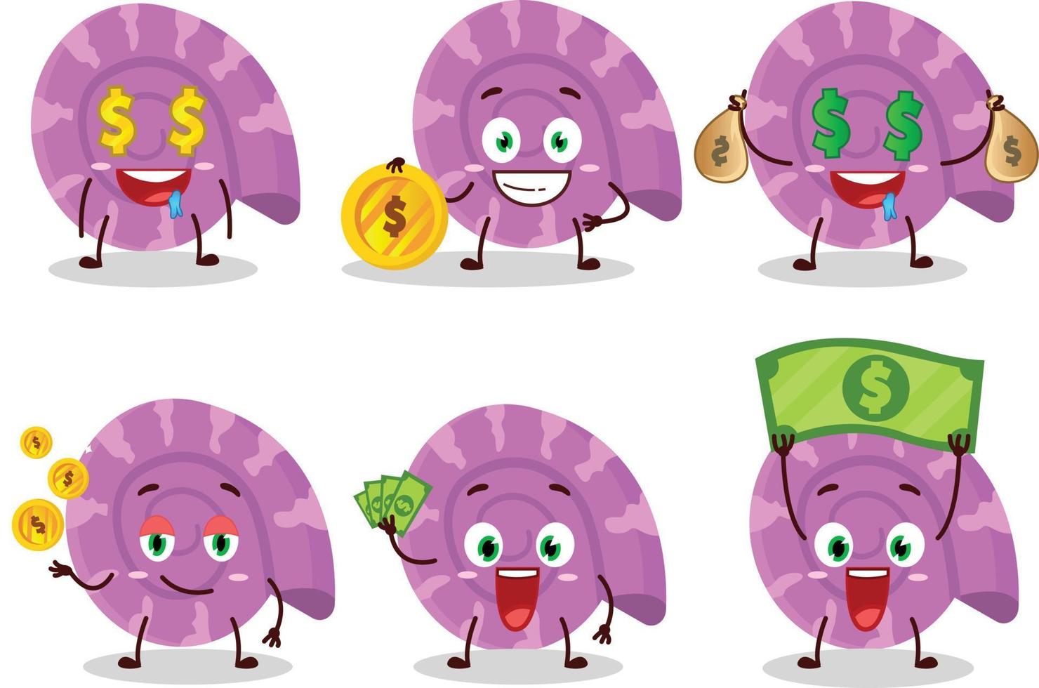 lila mussla tecknad serie karaktär med söt uttryckssymbol föra pengar vektor