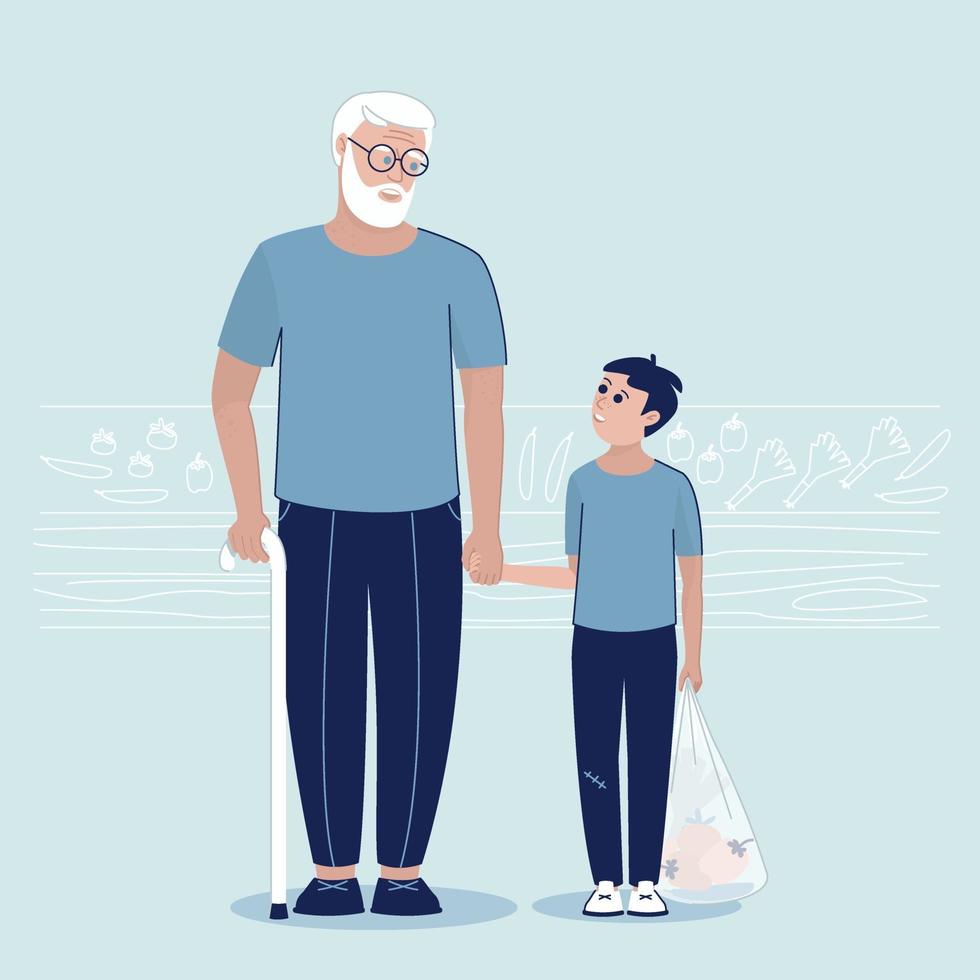 barnbarn hjälper farfar med inköp på marknaden vektor